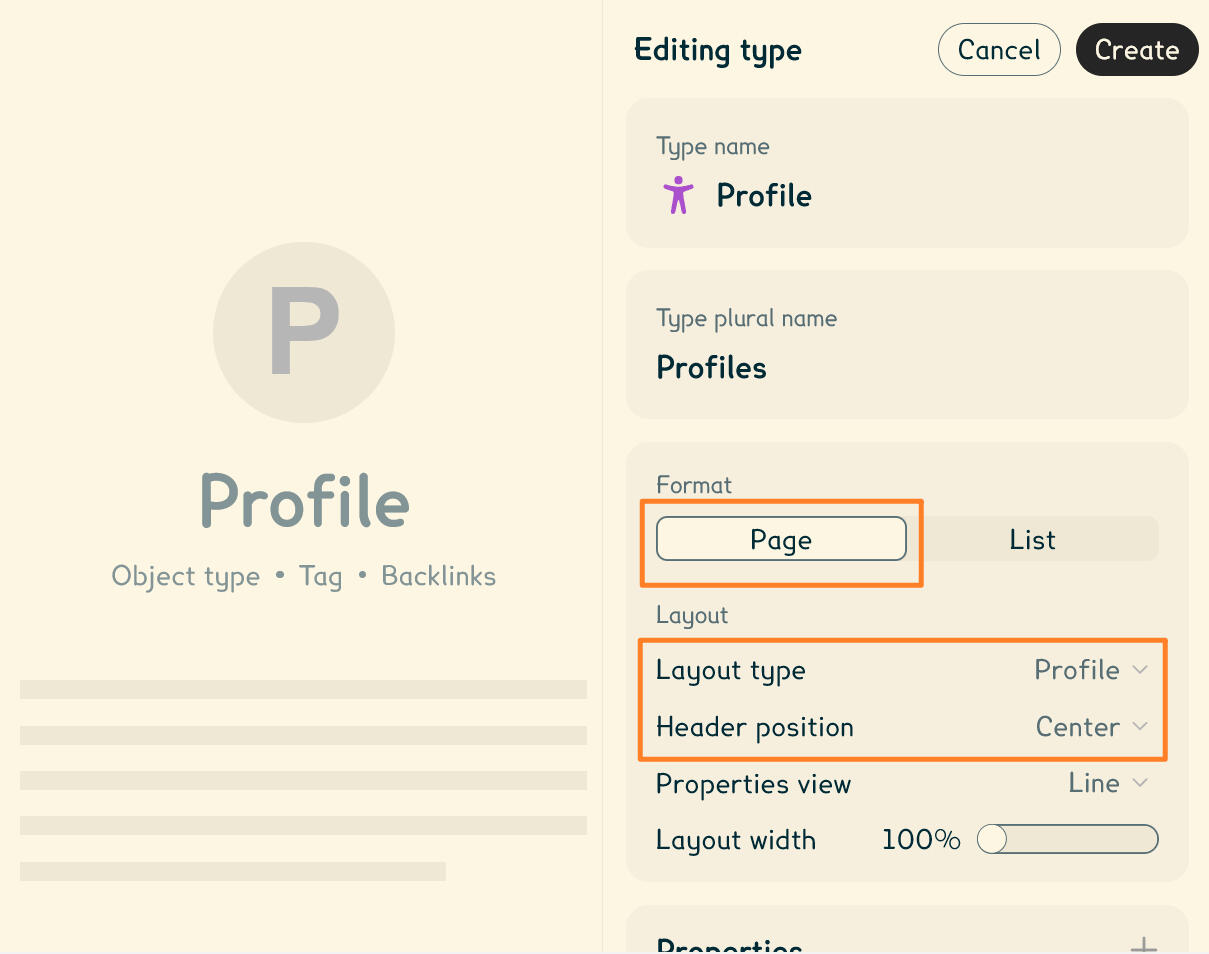 Creating a profile type. The "Page" format is highlighted. The layout type is set to "Profile" and the header position is set to "Center".