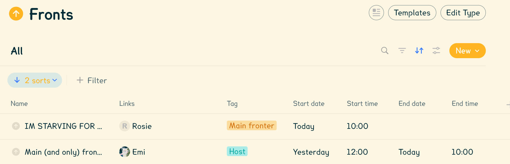 The Fronts type, showing both Emi's and Rosie's entries. The given properties are shown in a grid, sorted by most recent first.