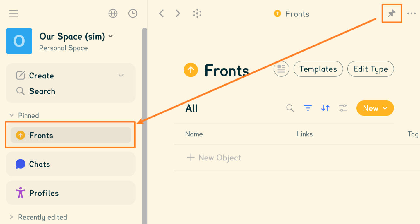 Pinning the Fronts type, that shows in the sidebar.