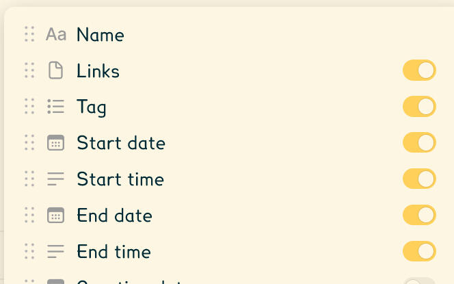 Preview of the properties ordering and toggles for the overview