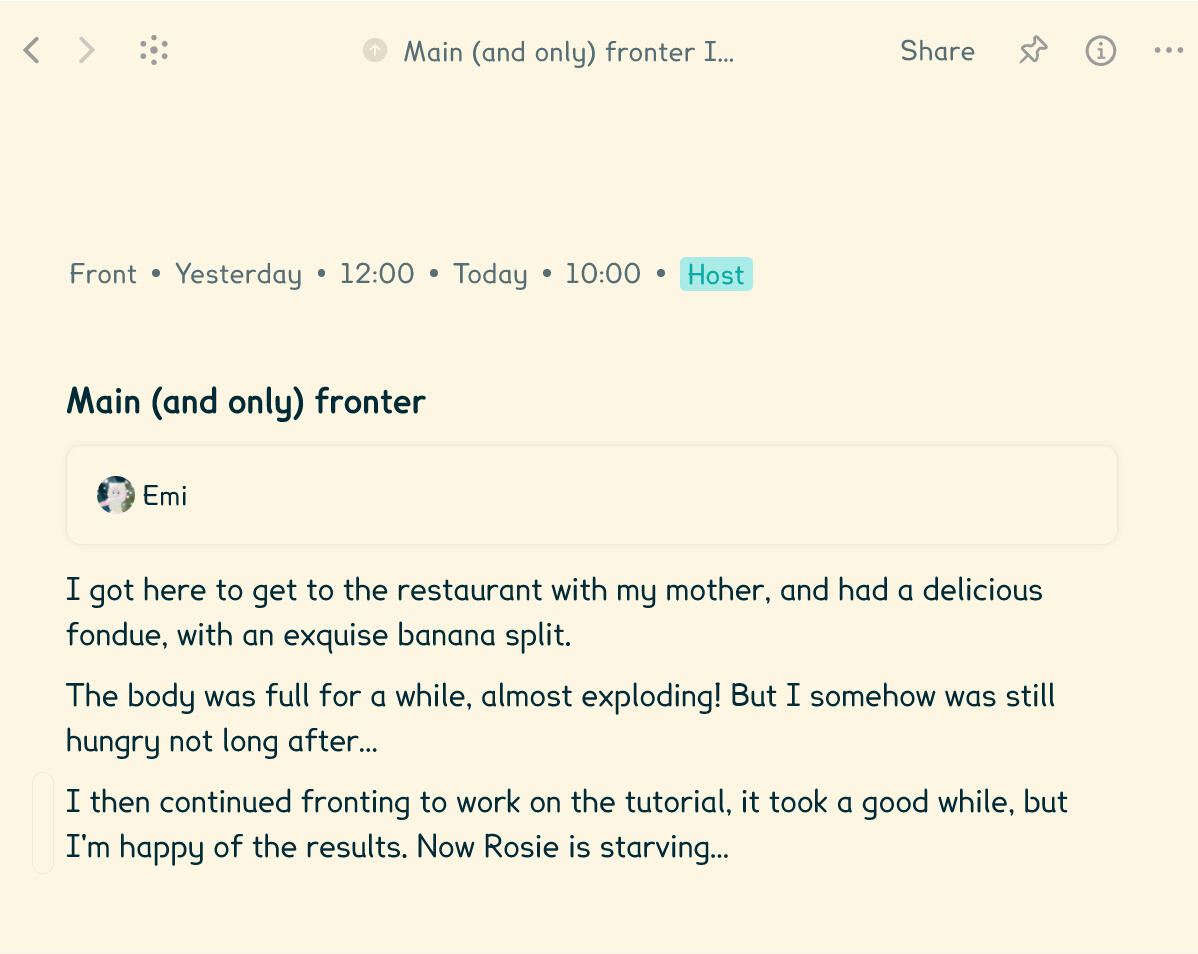 Emi's front entry. Starts yesterday at 12:00, ends today at 10:00. Tag: Host. Top text says "Main (and only fronter). Emi's profile is linked below. Then there's a little journaling for the rest of this page: I got here to get to the restaurant with my mot