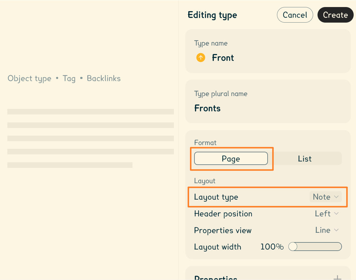 Creating a fronting type. The "Page" format is highlighted. The layout type is set to "Note".